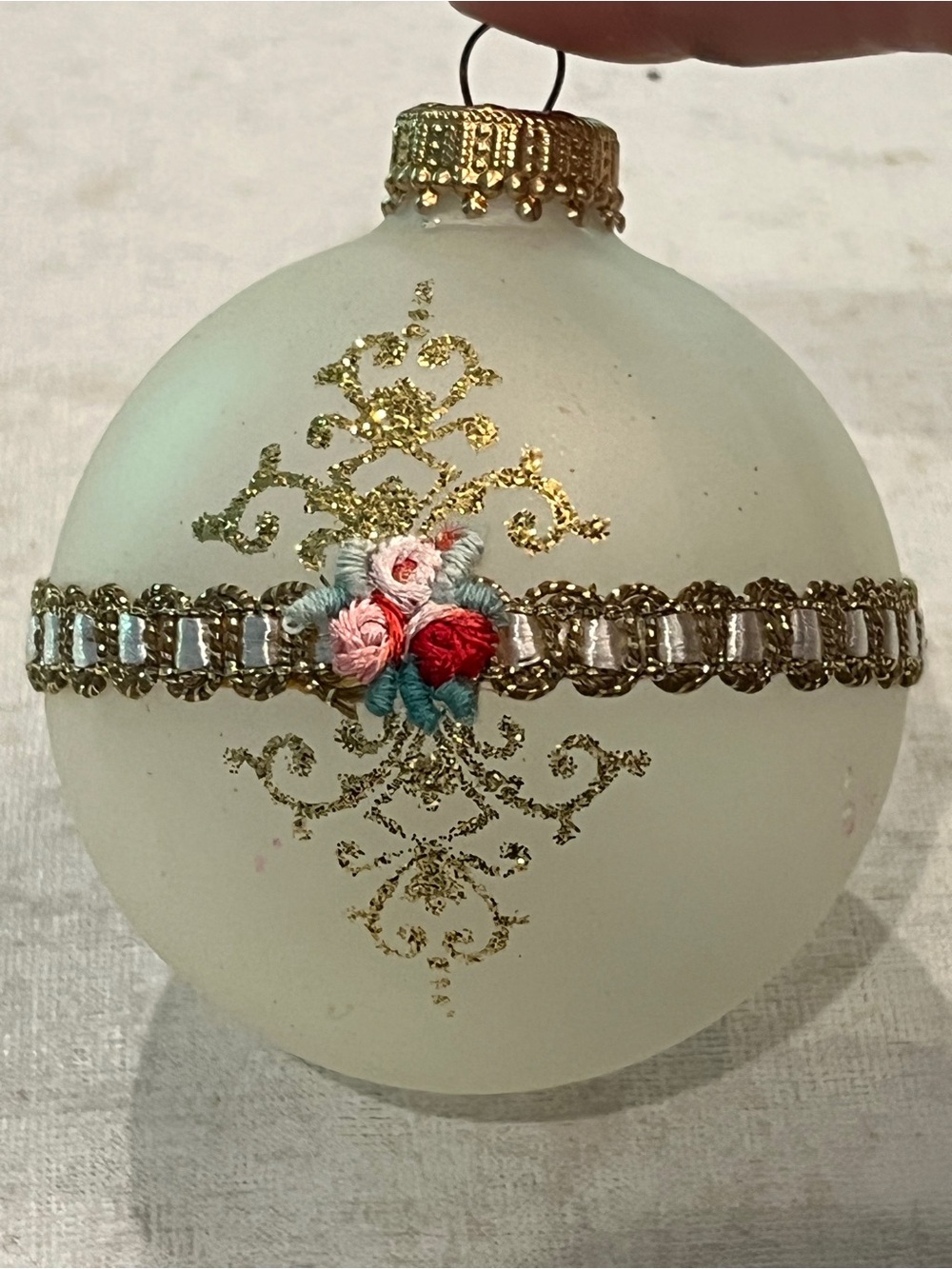 Vintage frosted glass rosebud lace filagree ornament. So pretty!